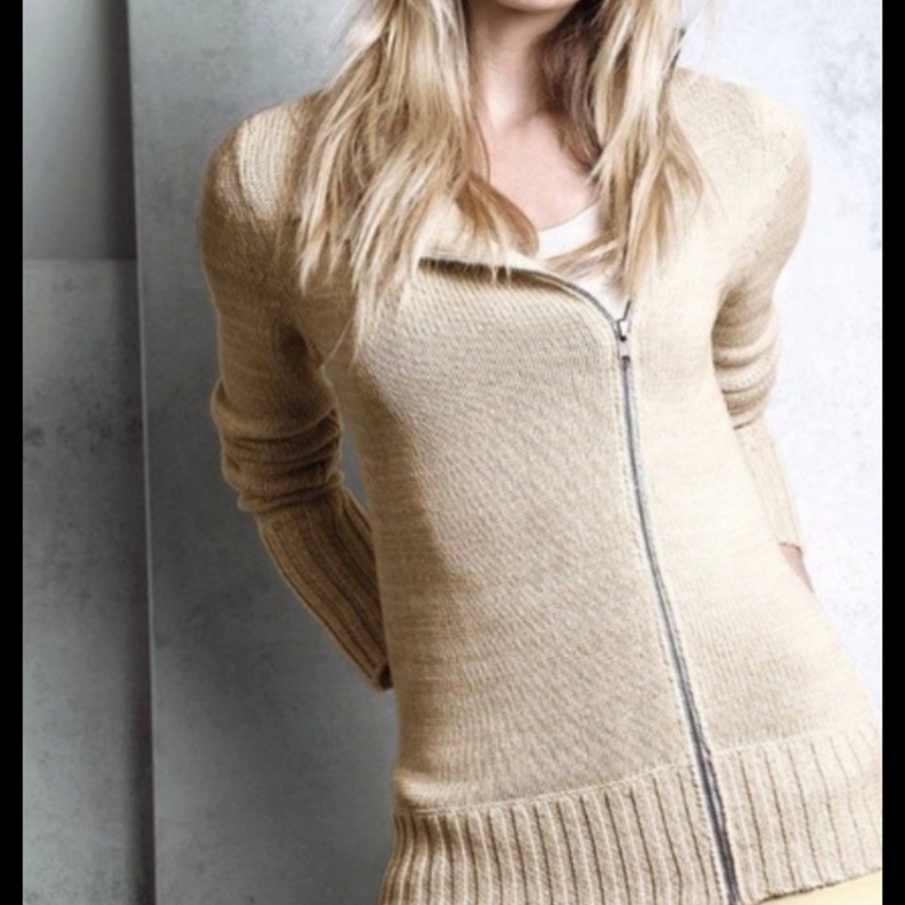 Victoria Secret Beige Zip Up Asymmetrical Collar, Cuff's And Bottom Ribbed Sweat